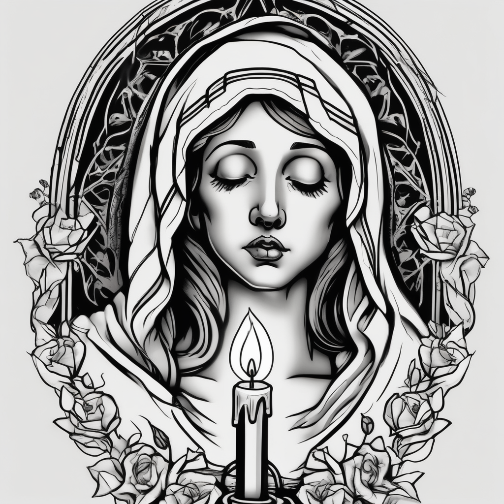 virgin maria holds 1 candle in her hand, tattoo should be full color drake tattoos, diseño de tatuaje Realista generado con IA